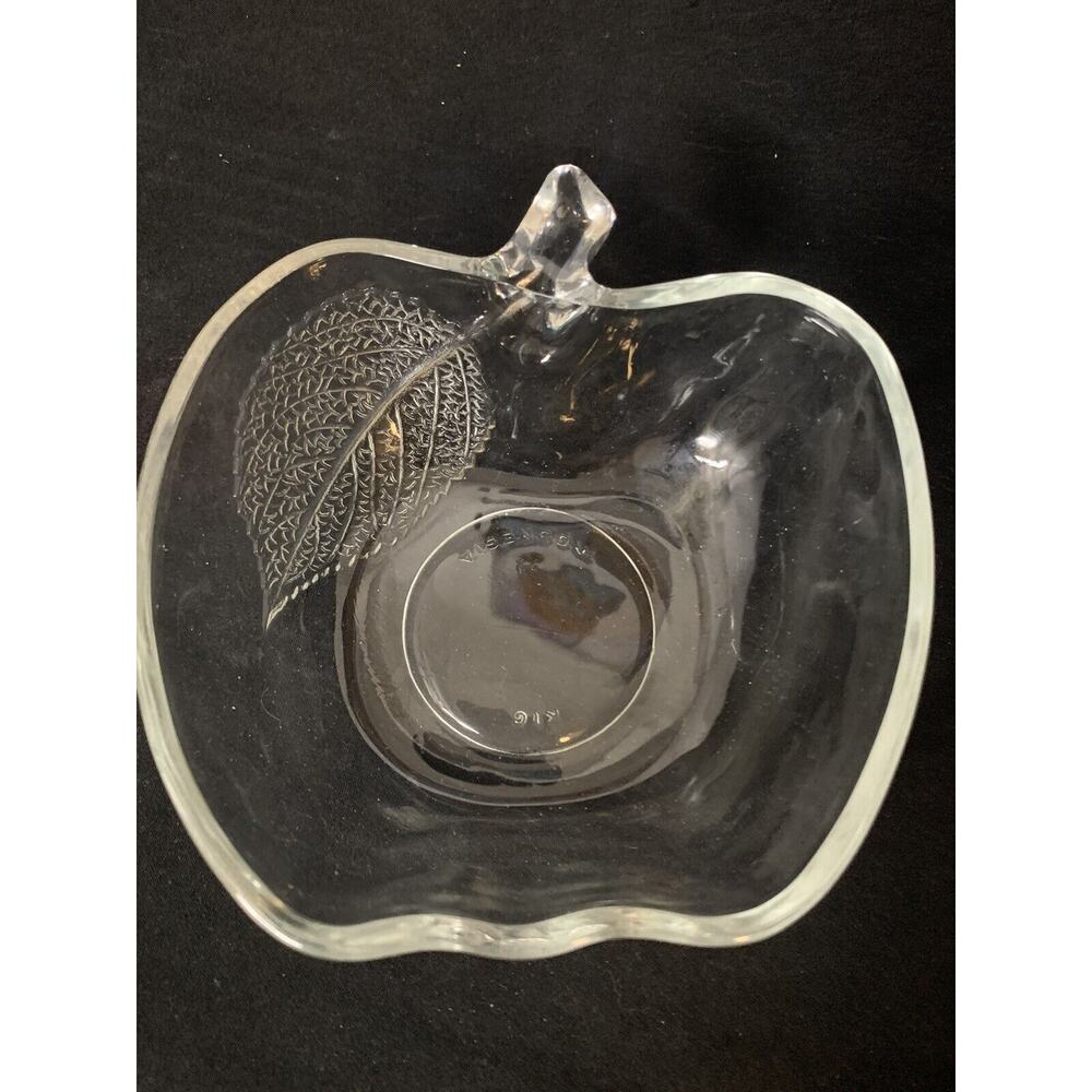 KIG Vintage Clear Glass Apple Dish Indonesia Clear Etched Leaf B6